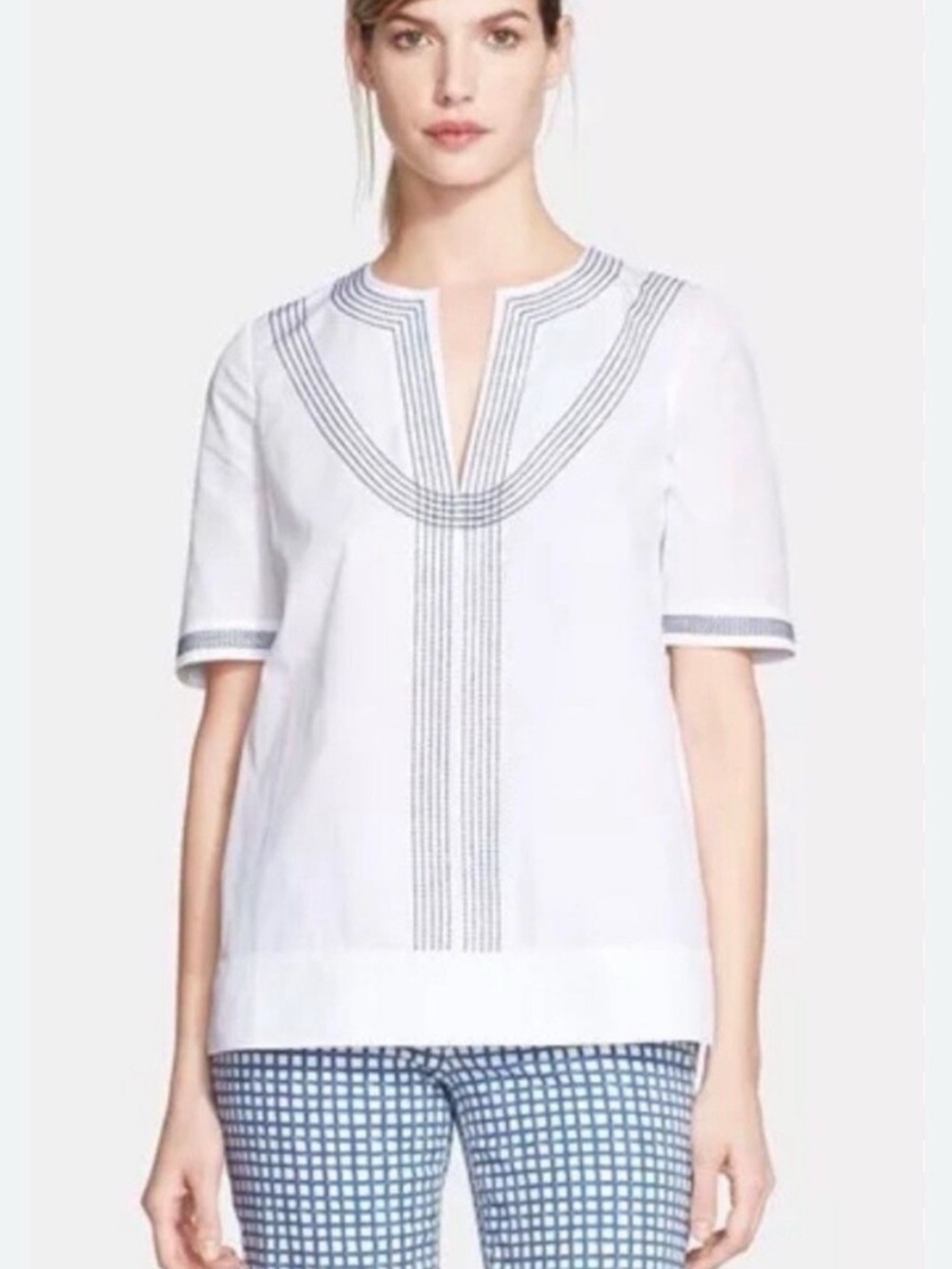 Tory Burch Embroidered Poplin Relaxed Tunic Top White Navy Women’s 14